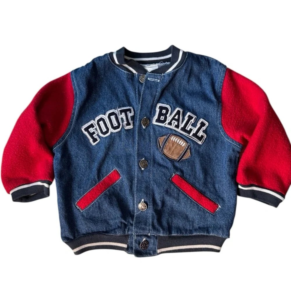 Football Varsity Jacket Denim Fleece Blue Red 24M